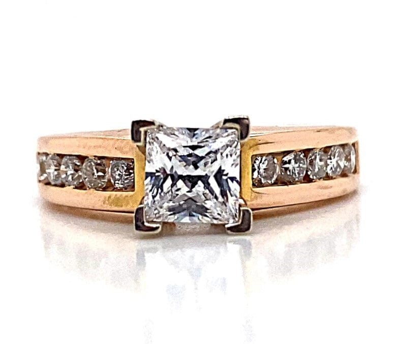 14K ROSE GOLD CZ CENTER (5.5MM PRINCESS) .35 CT TW NATURAL ROUND BRILLIANT DIAMOND ACCENT CHANNEL SET STYLE RING
