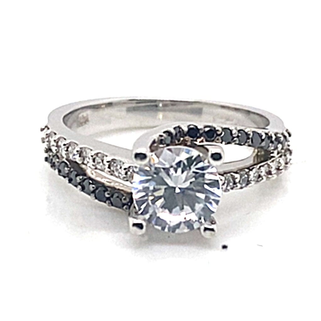 14K WHITE GOLD CZ CENTER (6.5MM RBC) .19 CT TW NATURAL WHITE DIAMOND .18 CT TW NATURAL BLACK DIAMOND ACCENT RING