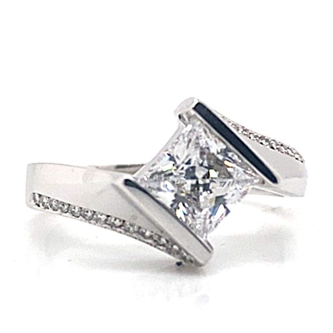 14K WHITE GOLD CZ CENTER (5.5MM PRINCESS) .10 CT TW NATURAL ROUND BRILLIANT DIAMOND ACCENT BYPASS CHANNEL STYLE RING