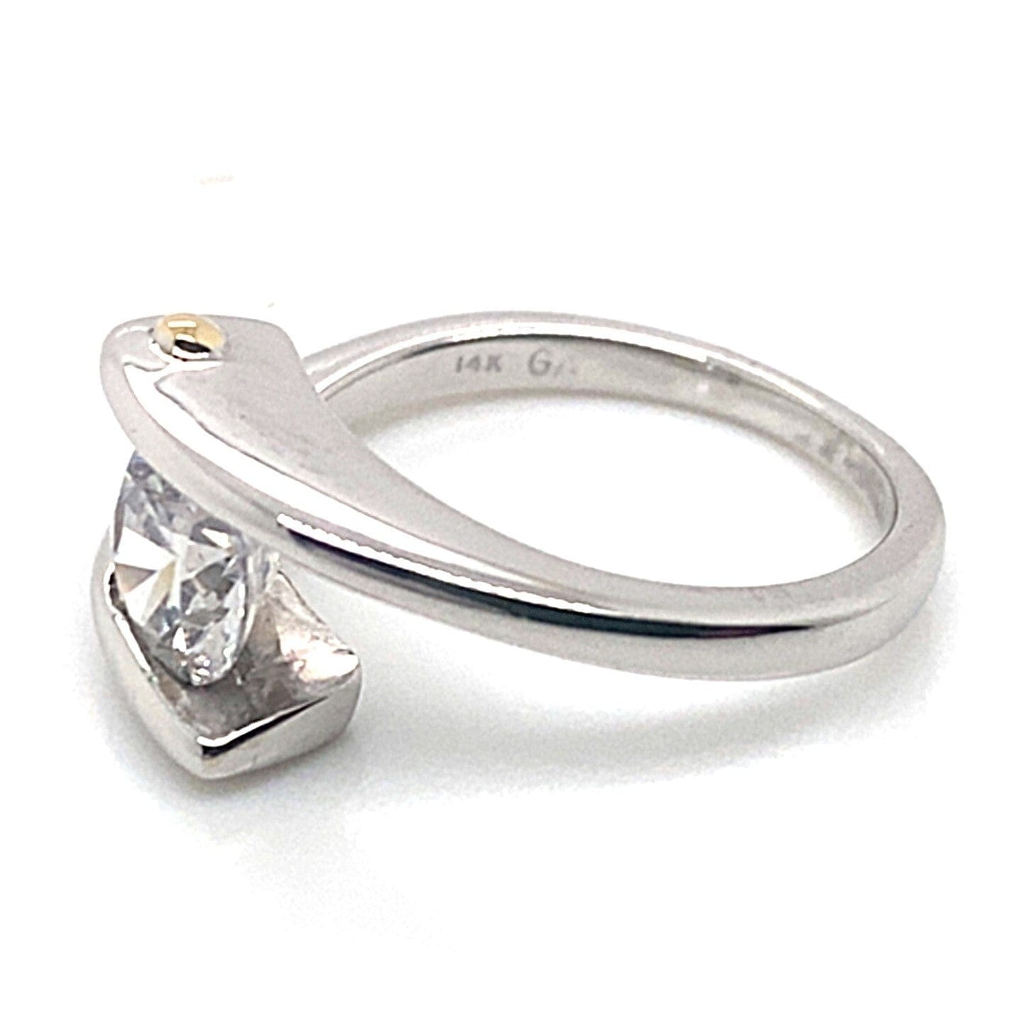 14K WHITE GOLD RIND WITH YELLOW GOLD BAR CZ CENTER (6.5MM RBC) CHANNEL SET BYPASS STYLE RING