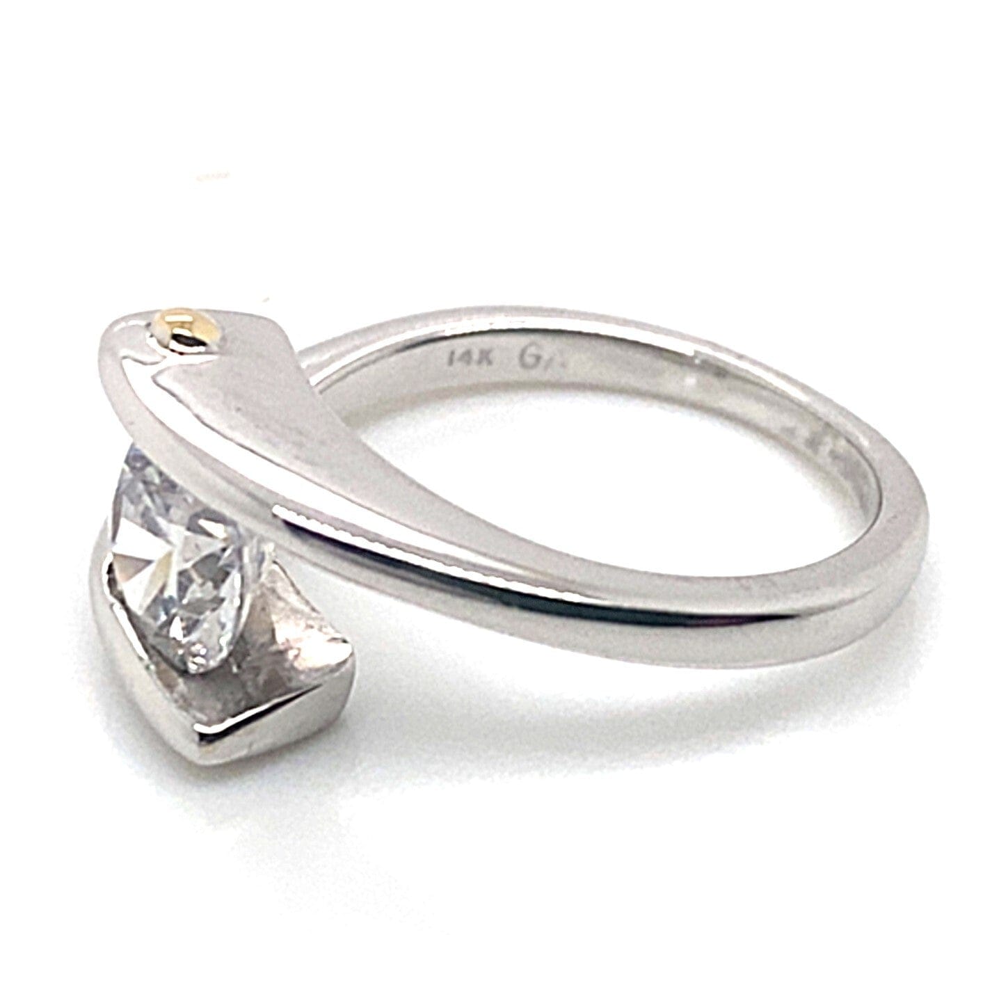 14K WHITE GOLD RIND WITH YELLOW GOLD BAR CZ CENTER (6.5MM RBC) CHANNEL SET BYPASS STYLE RING