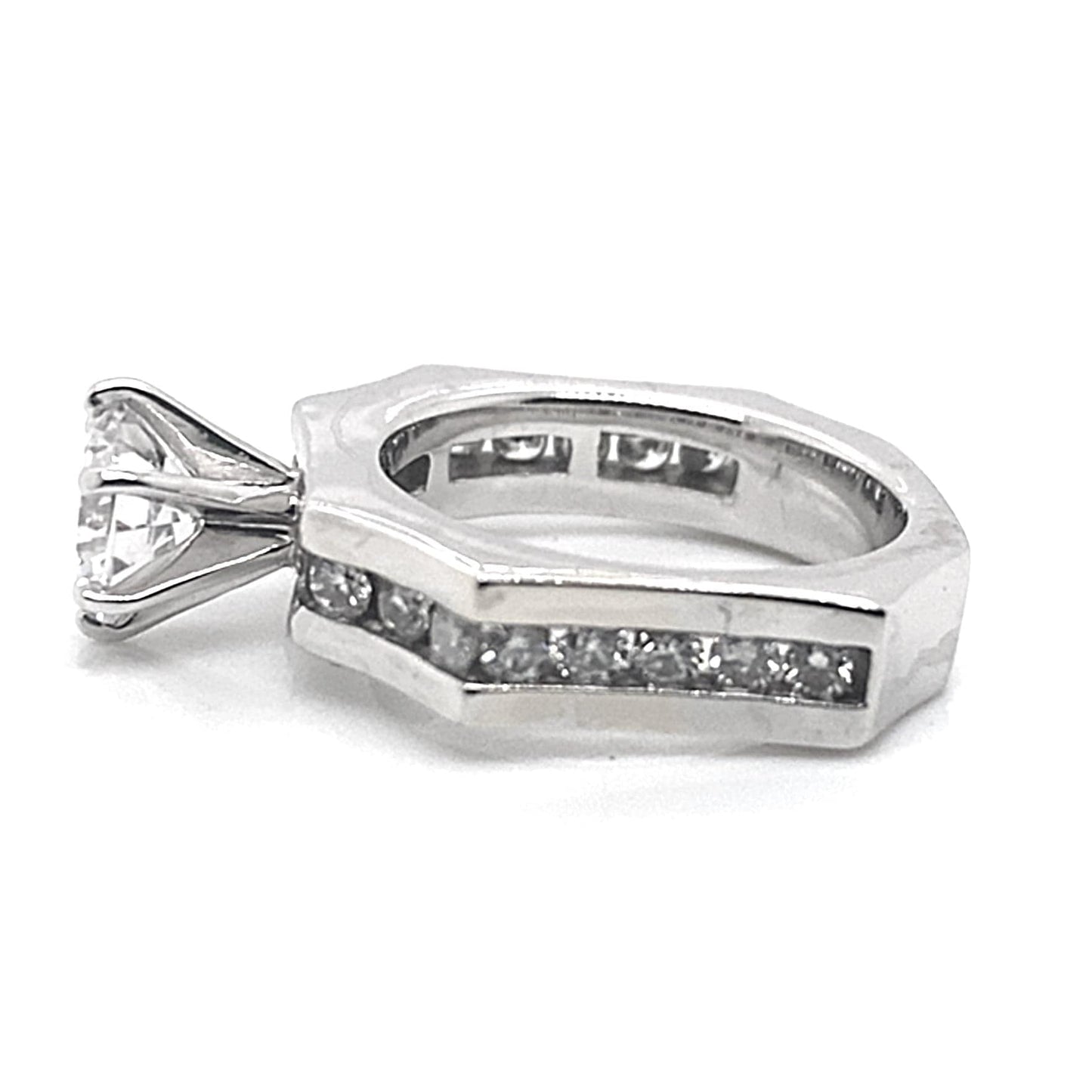 14K WHITE GOLD CZ CENTER (6.5 MM RBC) 1/2 CT NATURAL ROUND BRILLIANT DIAMOND ACCENT DIAMOND CONCAVED OCTAGON STYLE RING