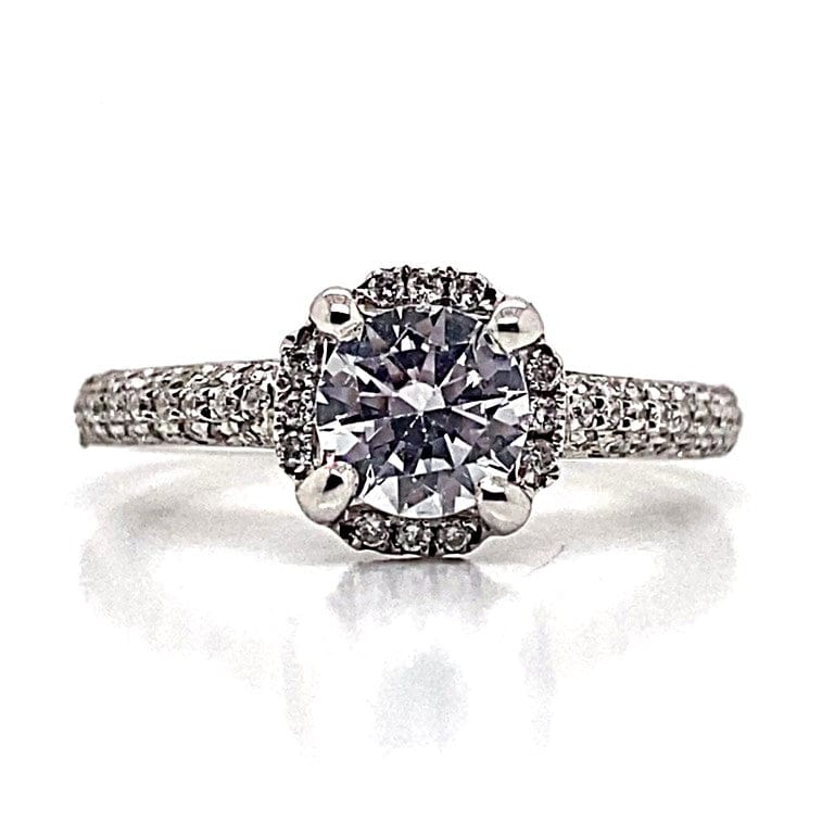 18K WHITE GOLD CZ CENTER (6.5 MM RBC) .28 CT TW NATURAL ROUND BRILLIANT DIAMOND ACCENT HALO MICRO PAVE STYLE RING