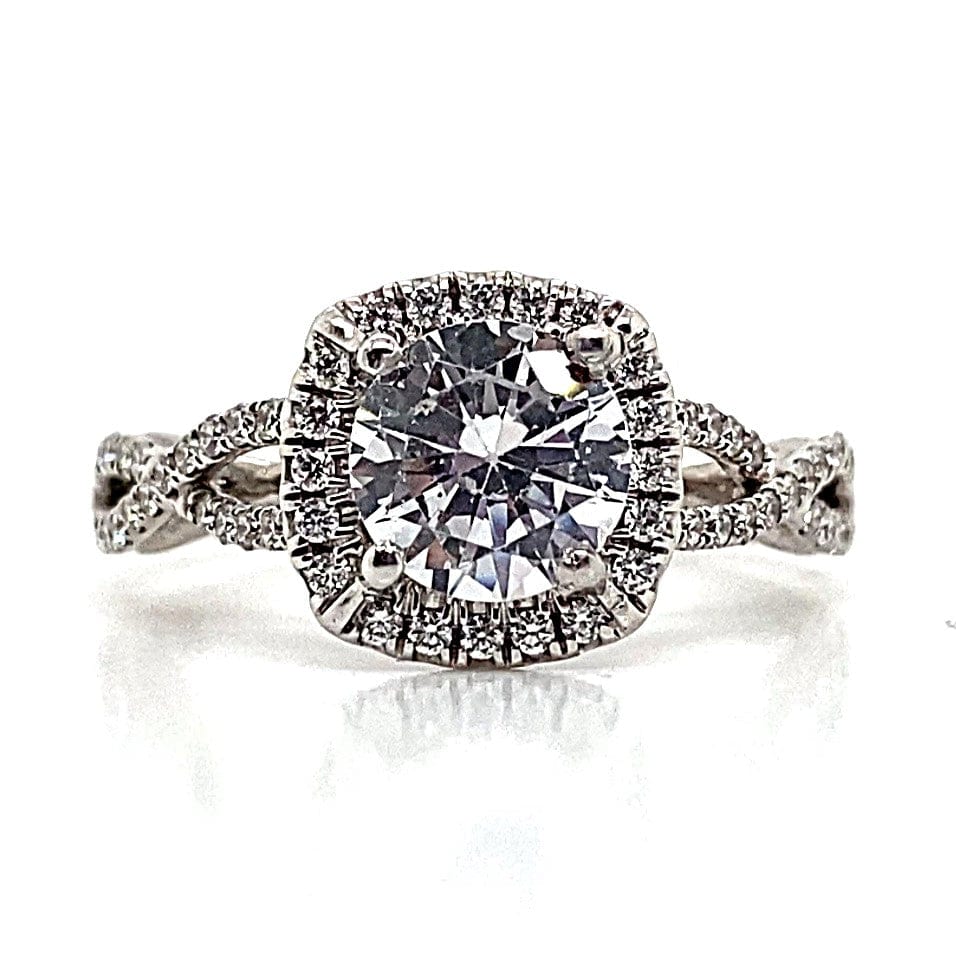 14K WHITE GOLD CZ CENTER (6.5 MM RBC) .30 CT NATURAL ROUND BRILLIANT DIAMOND ACCENT INTINITY HALO STYLE RING