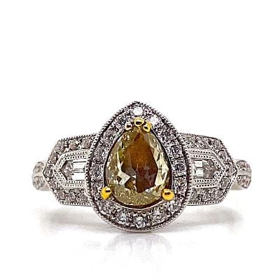 18K WHITE GOLD  1.02 CT PEAR SHAPE FANCY YELLOW NATURAL DIAMOND CENTER  .80 CT NATURAL ROUND BRILLIANT AND BULLET CUT DIAMOND ACCENT VINTAGE HALO STYLE RING