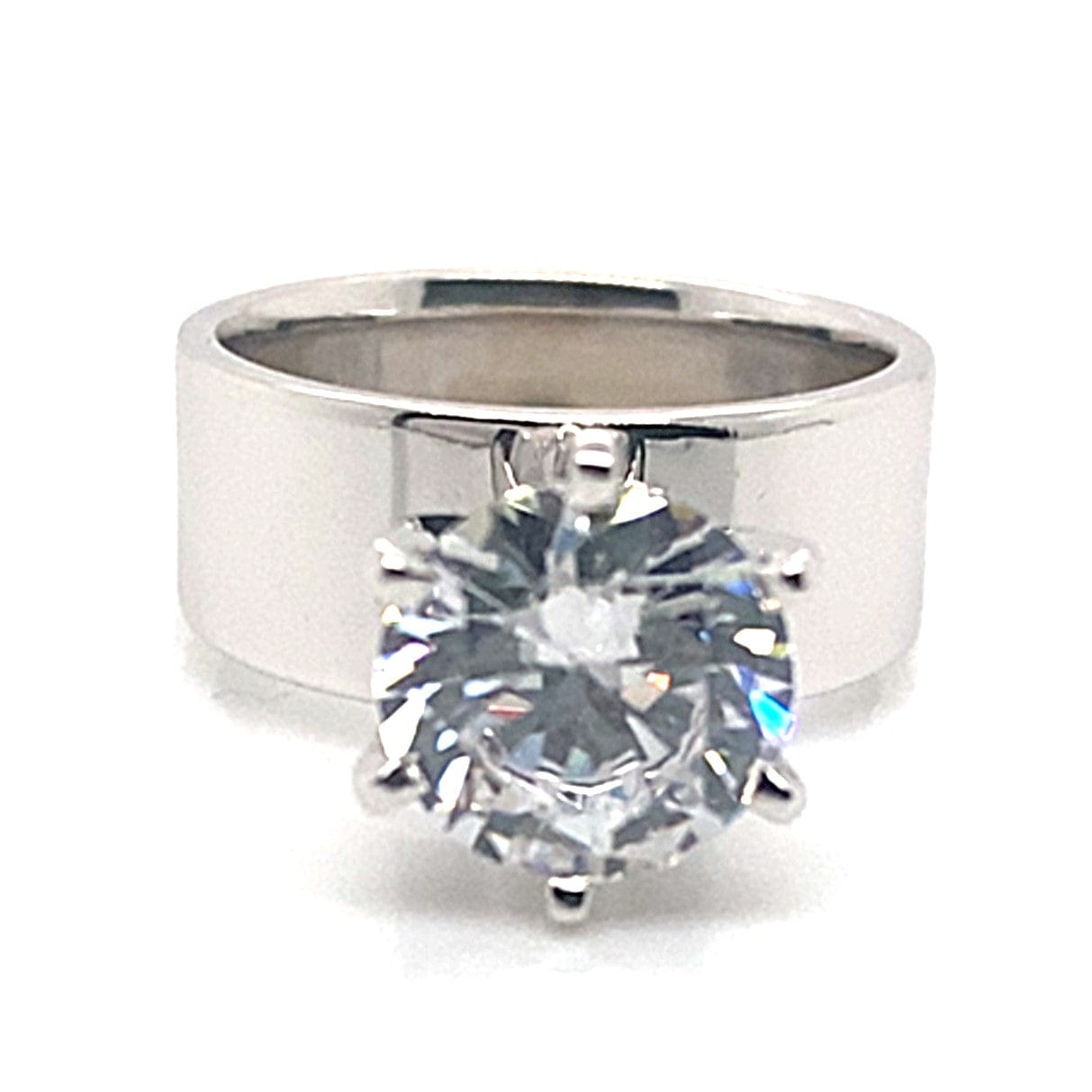 14K WHITE GOLD CZ CENTER (8.5MM RBC) 8 MM WIDE FLAT SOLITAIRE