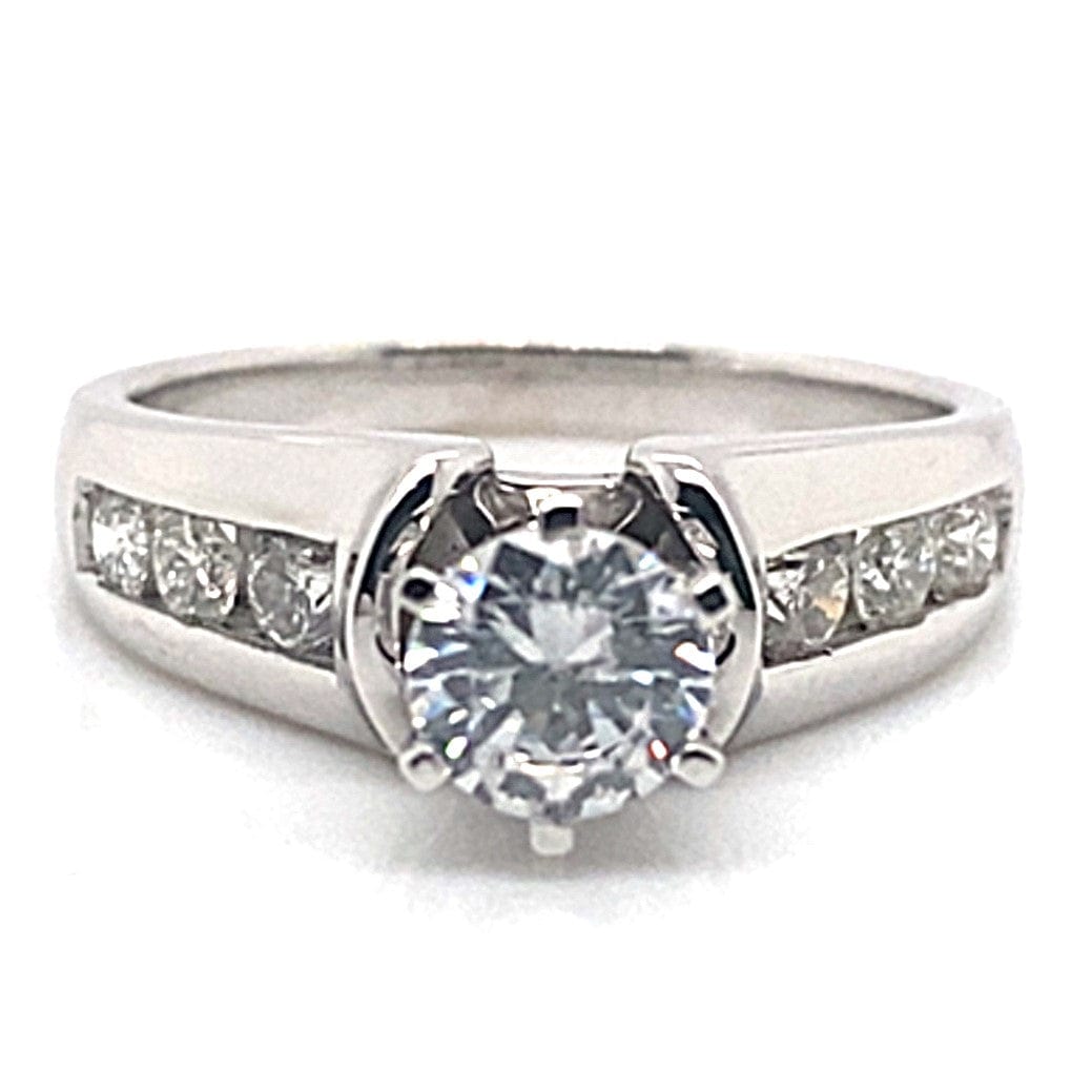 14K WHITE GOLD CZ CENTER (6MM RBC) .60 CT TW NATURAL ROUND BRILLIANT DIAMOND ACCENT CHANNEL SET STYLE RING