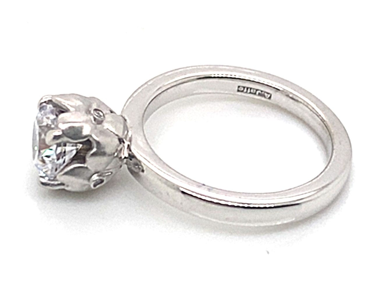 14K WHITE GOLD CZ CENTER (6.5MM RBC) NATURAL ROUND BRILLIANT DIAMOND ACCENT FLOWER A JAFFE DESIGN RING