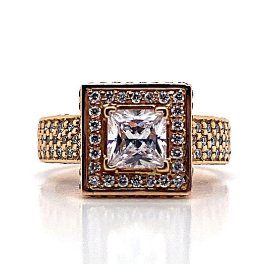 14K ROSE GOLD CZ CENTER (5.5 MM PRINCESS)  1.0 CT TW NATURAL ROUND BRILLIANT DIAMOND ACCENT SQUARE HALO PAVE STYLE RING