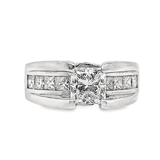 14K WHITE 1.01 CT NATURAL PRINCESS CUT DIAMOND CENTER F-G/SI2  1.15 CT TW NATURAL PRINCESS DIAMOND ACCENT CUSTOM RING