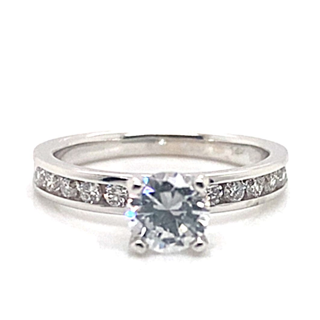 14K WHITE GOLD CZ CENTER (5.5MM RBC) 1/4 CT TW NATURAL ROUND BRILLIANT ACCENT CHANNEL SET RING
