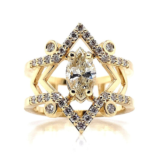 14K YELLOW GOLD 1.02 CT NATURAL MARQUISE CUT DIAMOND CENTER L/SI2 .60 CT TW ACCENT NATURAL ROUND BRILLIANT DIAMOND ACCENT FASHION RING