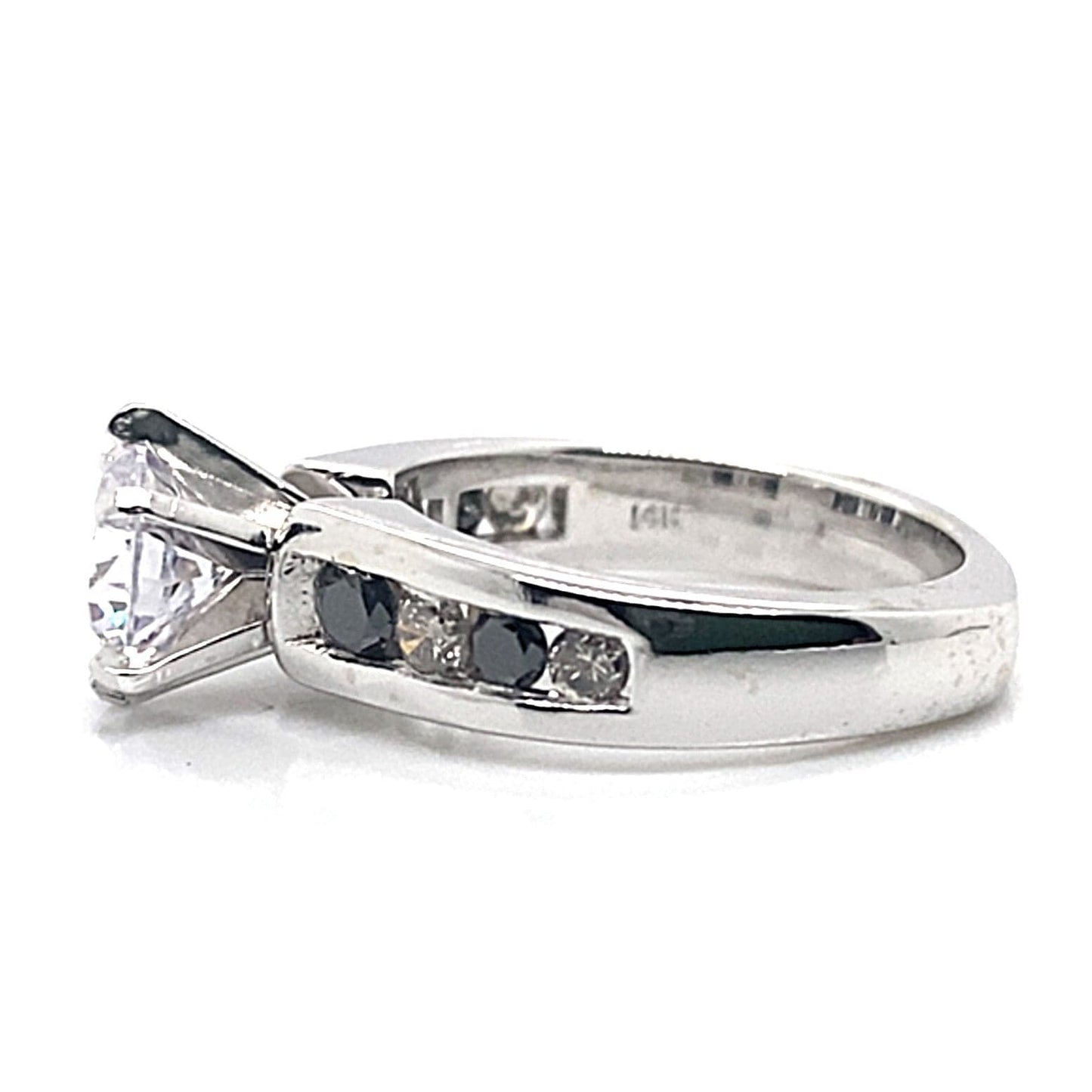 14K WHITE GOLD CZ CENTER (7 MM RBC) .50 CT TW NATURAL WHITE DIAMOND AND .70 NATURAL BLACK DIAMOND ACCENT CHANNEL SET STYLE RING