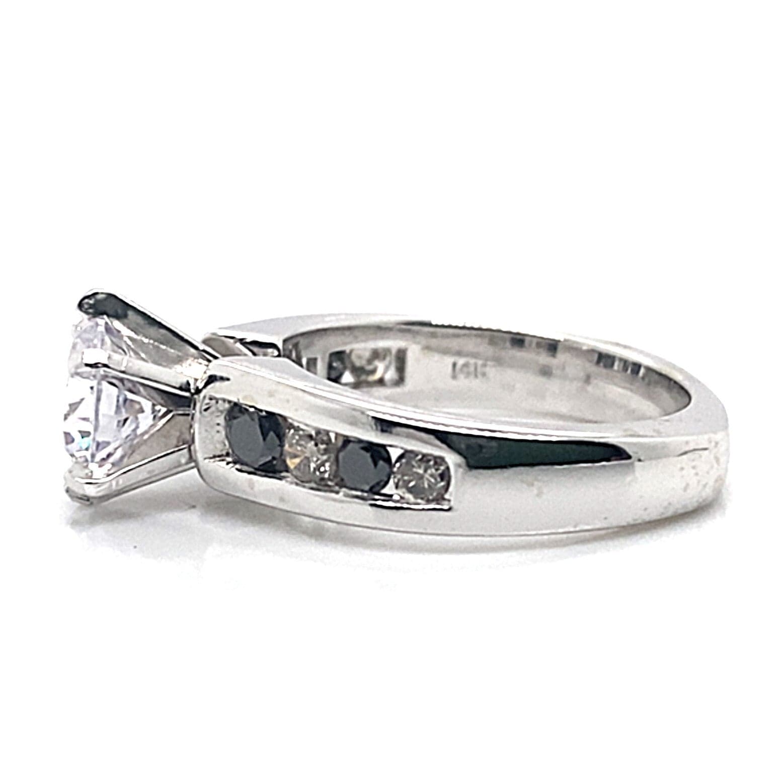 14K WHITE GOLD CZ CENTER (7 MM RBC) .50 CT TW NATURAL WHITE DIAMOND AND .70 NATURAL BLACK DIAMOND ACCENT CHANNEL SET STYLE RING