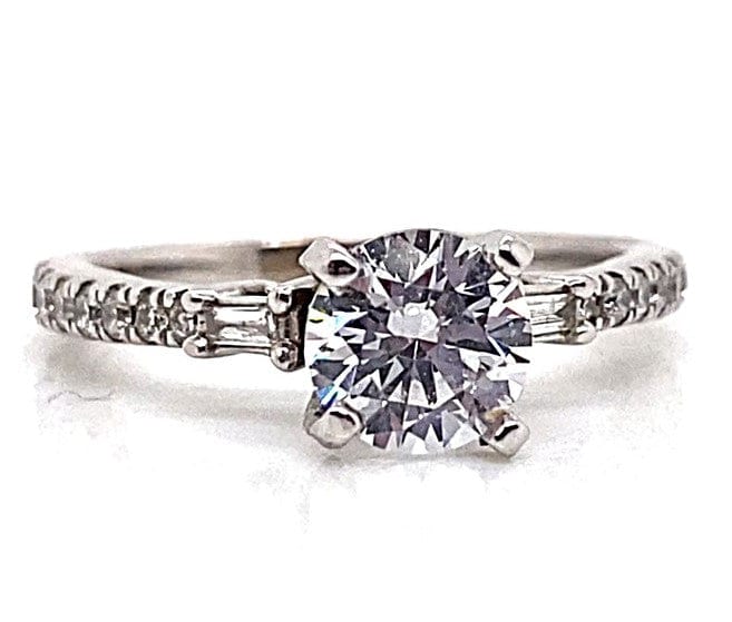 14K WHITE GOLD CZ CENTER (6.5MM RBC) .40 CT TW NATURAL BAGUETTE AND ROUND BRILLIANT DIAMOND ACCENT RING