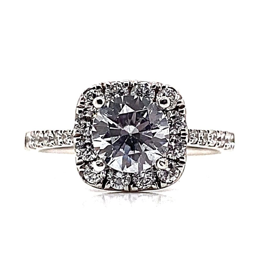 18K WHITE GOLD CZ CENTER (6.5 MM RBC) .59 CT TW NATURAL ROUND BRILLIANT DIAMOND ACCENT CUSHION HALO STYLE ENGAGEMENT RING
