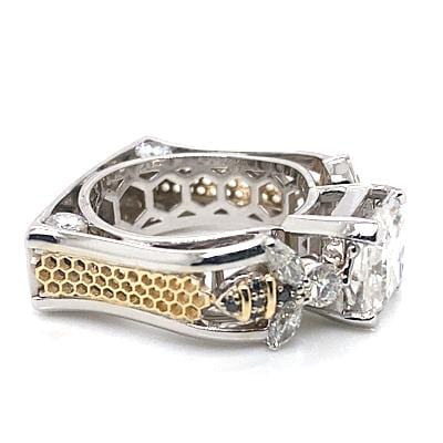 14K WHITE AND YELLOW GOLD 7 MM MOISSANITE CENTER BLACK DIAMOND ACCENT BEE RING