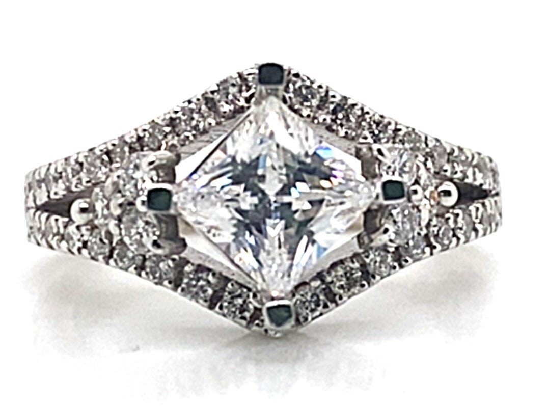 14K WHITE GOLD CZ CENTER (6MM PRINCESS) .85 CT TW NATURAL ROUND BRILLIANT DIAMOND ACCENT RING WITH A SQUARE SHANK