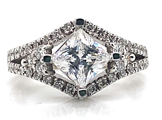 14K WHITE GOLD CZ CENTER (6MM PRINCESS) .85 CT TW NATURAL ROUND BRILLIANT DIAMOND ACCENT RING WITH A SQUARE SHANK