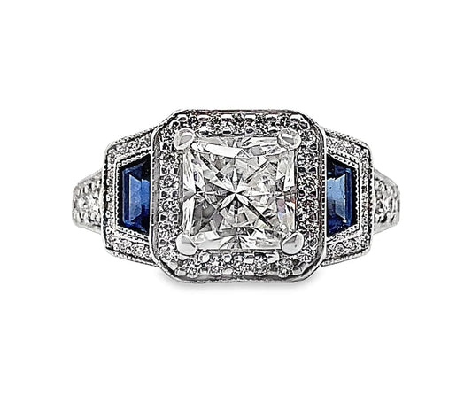 18K WHITE GOLD 6 MM PRINCESS MOISSANITE CENTER .30 CT NATURAL TRAPIZOID BLUE SAPPHIRE ACCENT .60 CT TW NATURAL ROUND BRILLIANT DIAMOND ACCENT  HALO STYLE RING