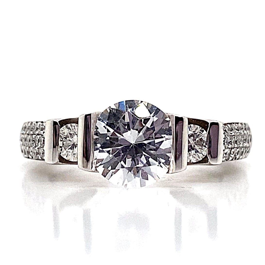 14K WHITE GOLD CZ CENTER (7.5 MM RBC) .51 CT TW NATURAL ROUND BRILLIANT DIAMOND ACCENT CHANNEL SET CENTER STYLE RING