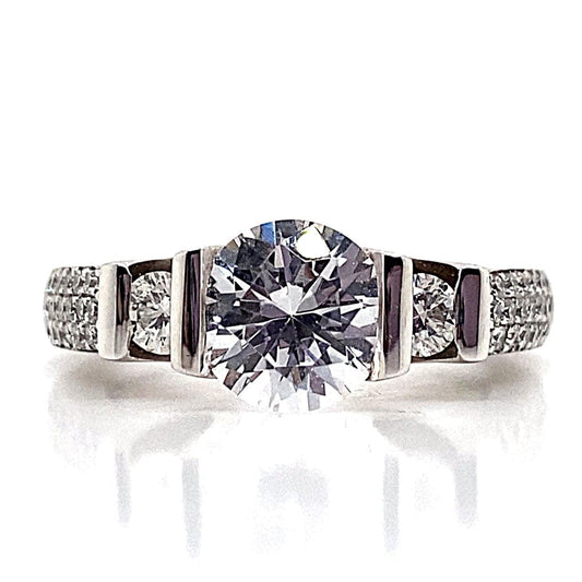 14K WHITE GOLD CZ CENTER (7.5 MM RBC) .51 CT TW NATURAL ROUND BRILLIANT DIAMOND ACCENT CHANNEL SET CENTER STYLE RING