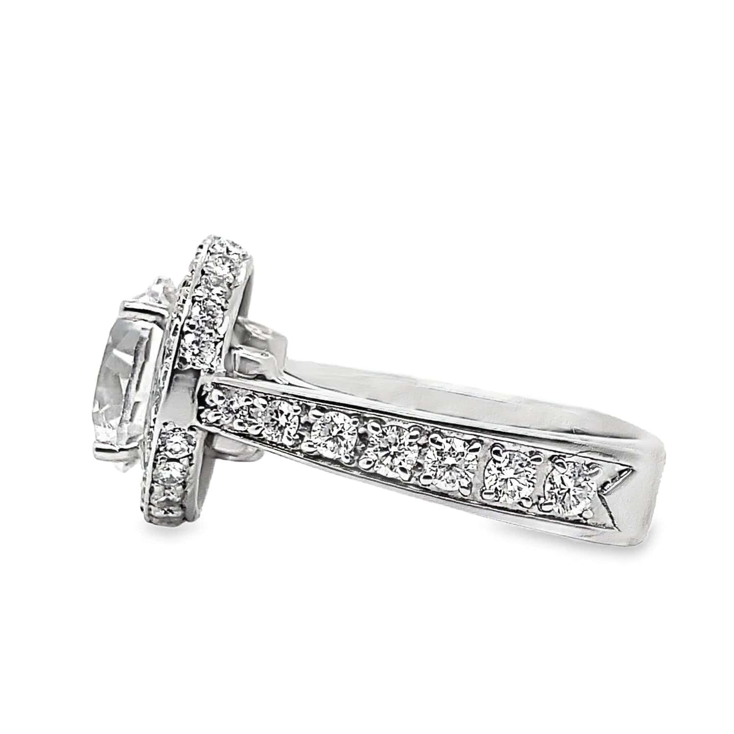 14K WHITE GOLD CZ CENTER (10 MM RBC) 1.90 CT TW NATURAL WHITE AND YELLOW ROUND BRILLIANT DIAMOND ACCENT MODERN HALO DESIGN RING WITH A SQUARE SHANK