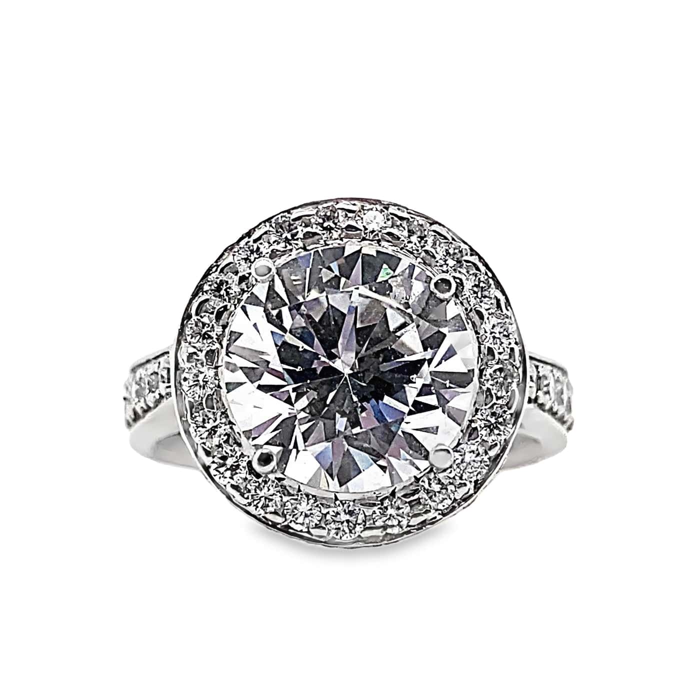 14K WHITE GOLD CZ CENTER (10 MM RBC) 1.90 CT TW NATURAL WHITE AND YELLOW ROUND BRILLIANT DIAMOND ACCENT MODERN HALO DESIGN RING WITH A SQUARE SHANK
