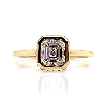 14K YELLOW GOLD 1.18 CT ASSCHER CUT NATURAL DIAMOND CENTER I/SI1 .20 CT TW NATURAL ROUND BRILLIANT DIAMOND ACCENT HIDDEN HALO BEZEL SET STYLE RING