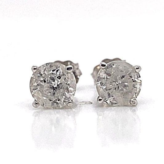 14K WHITE GOLD 1.60 CT TW NATURAL DIAMOND ROUND BRILLIANT I/I3 FOUR PRONG BASKET STYLE STUD EARRINGS