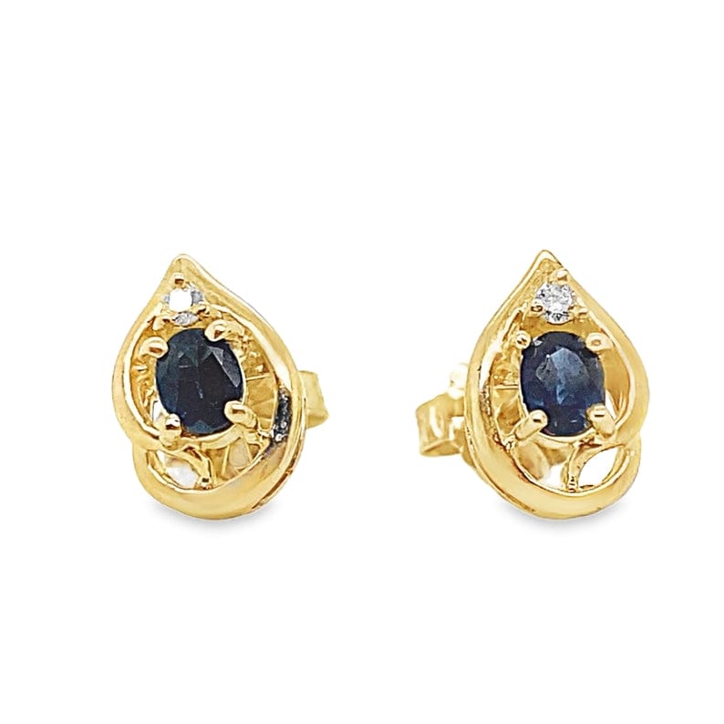 14K YELLOW GOLD .50CT TW OVAL NATURAL BLUE SAPPHIRE AA QUALITY .02CT TW NATURAL ROUND BRILLIANT DIAMOND STUD STYLE EARRINGS