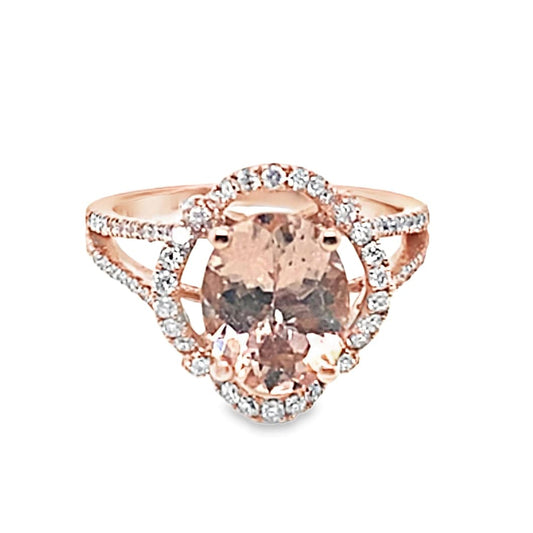 14K ROSE GOLD 2.10 CT OVAL MORGANITE .55 CT TW NATURAL ROUND BRILLIANT DIAMOND ACCENT RING
