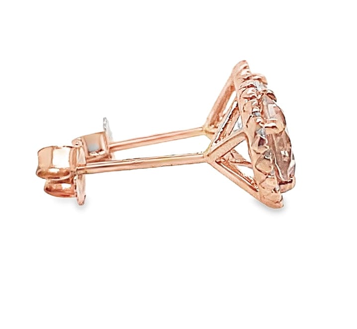 14K ROSE GOLD 1.48 CT TW ROUND MORGANITE .21 CT TW NATURAL ROUND BRILLIANT DIAMOND HALO STYLE STUD EARRINGS