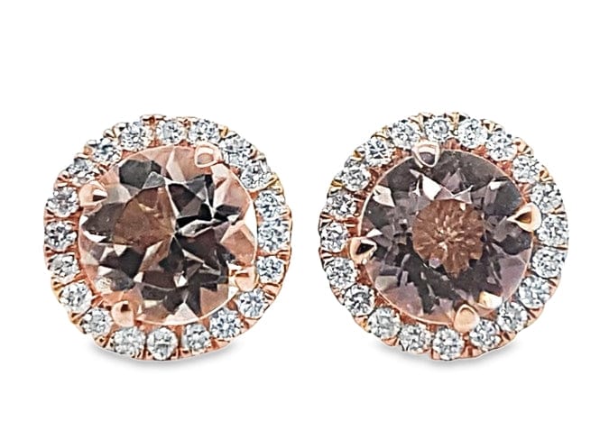 14K ROSE GOLD 1.48 CT TW ROUND MORGANITE .21 CT TW NATURAL ROUND BRILLIANT DIAMOND HALO STYLE STUD EARRINGS