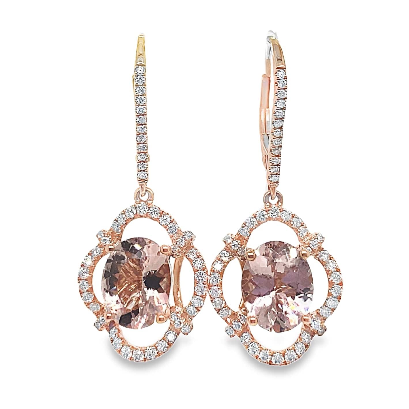 14K ROSE GOLD 4.14 CT TW OVAL MORGANITE .83 CT TW ROUND BRILLIANT DIAMOND EARRINGS