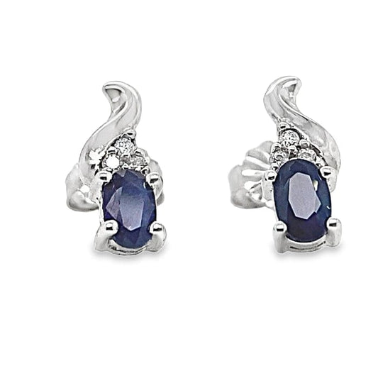10K WHITE GOLD 0.42CT TW NATURAL OVAL BLUE SAPPHIRE CENTER .08CT TW NATURAL ROUND BRILLIANT DIAMOND STUD EARRINGS