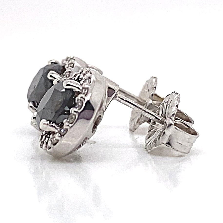 14K WHITE GOLD 2.30CT TW ROUND BLACK DIAMOND CENTER .30CT TW NATURAL ROUND BRILLIANT DIAMOND ACCENT HALO STUD EARRINGS