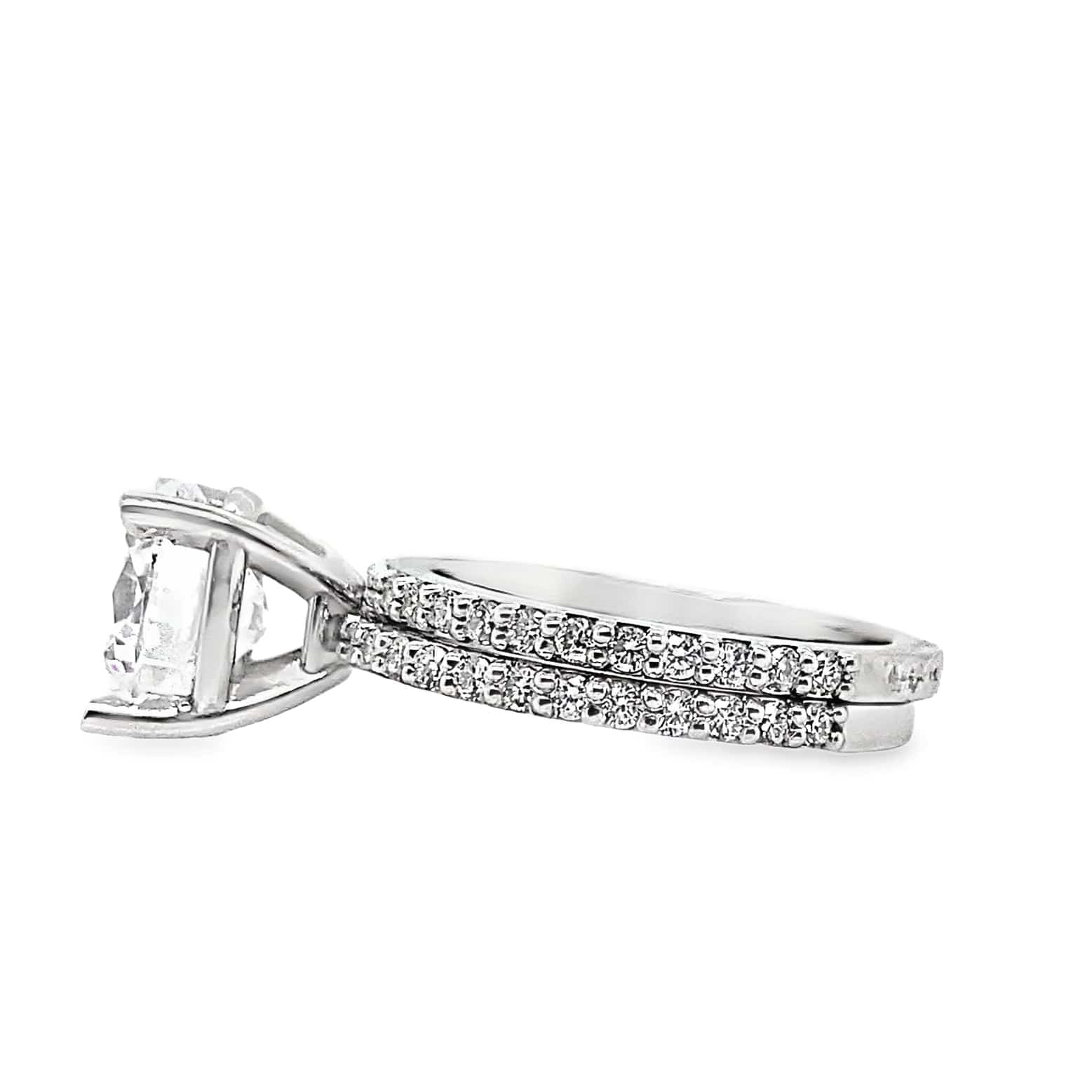 14K WHITE GOLD  CZ CENTER (9 MM RBC) .38CT TW NATURAL DIAMOND ACCENTS WITH A MATCHING .44CT TW NATURAL DIAMOND ACCENT BAND