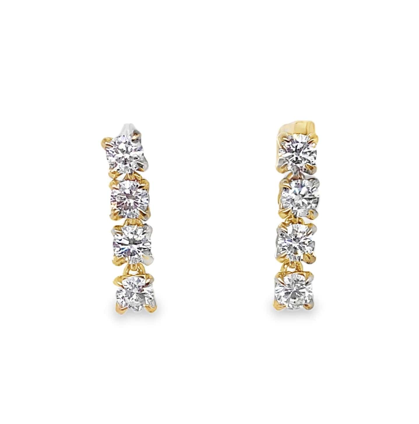 10K yellow gold earrings with four vertically aligned round brilliant lab-grown diamonds each.