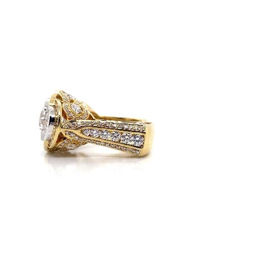 18K YELLOW GOLD 3.99 CT LAB GROWN ROUND BRILLIANT DIAMOND CENTER 7.80 CT TW LAB GROWN AND NATURAL DIAMOND ACCENT CRIS OLSEN SACRED GEOMETRY CUSTOM CFD DESIGN RING