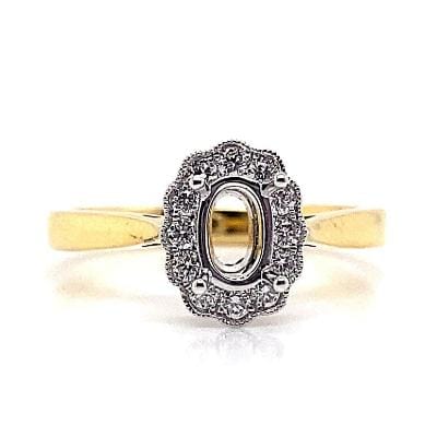 18K YELLOW AND WHITE GOLD NO CENTER STONE (6X4 MM OVAL) .18 CT TW NATURAL ROUND BRILLIANT DIAMOND ACCENT ART DECO HALO STYLE RING