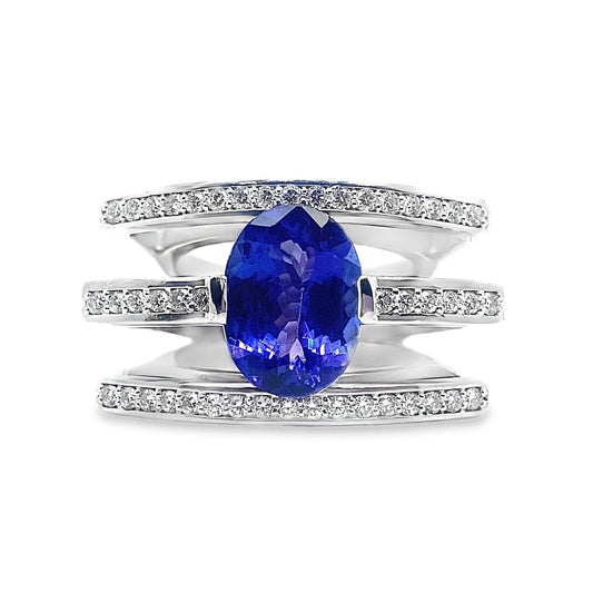 14K WHITE GOLD 1.80 CT TW 4.74 CT TANZANITE 3 BAND DESIGN RING