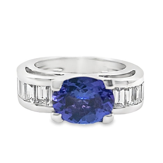 14K WHITE GOLD 2.28 CT OVAL TANZANITE CENTER AAA QUALITY 1.35 CT TW NATURAL BAGUETTE DIAMOND ACCENT FASHION RING