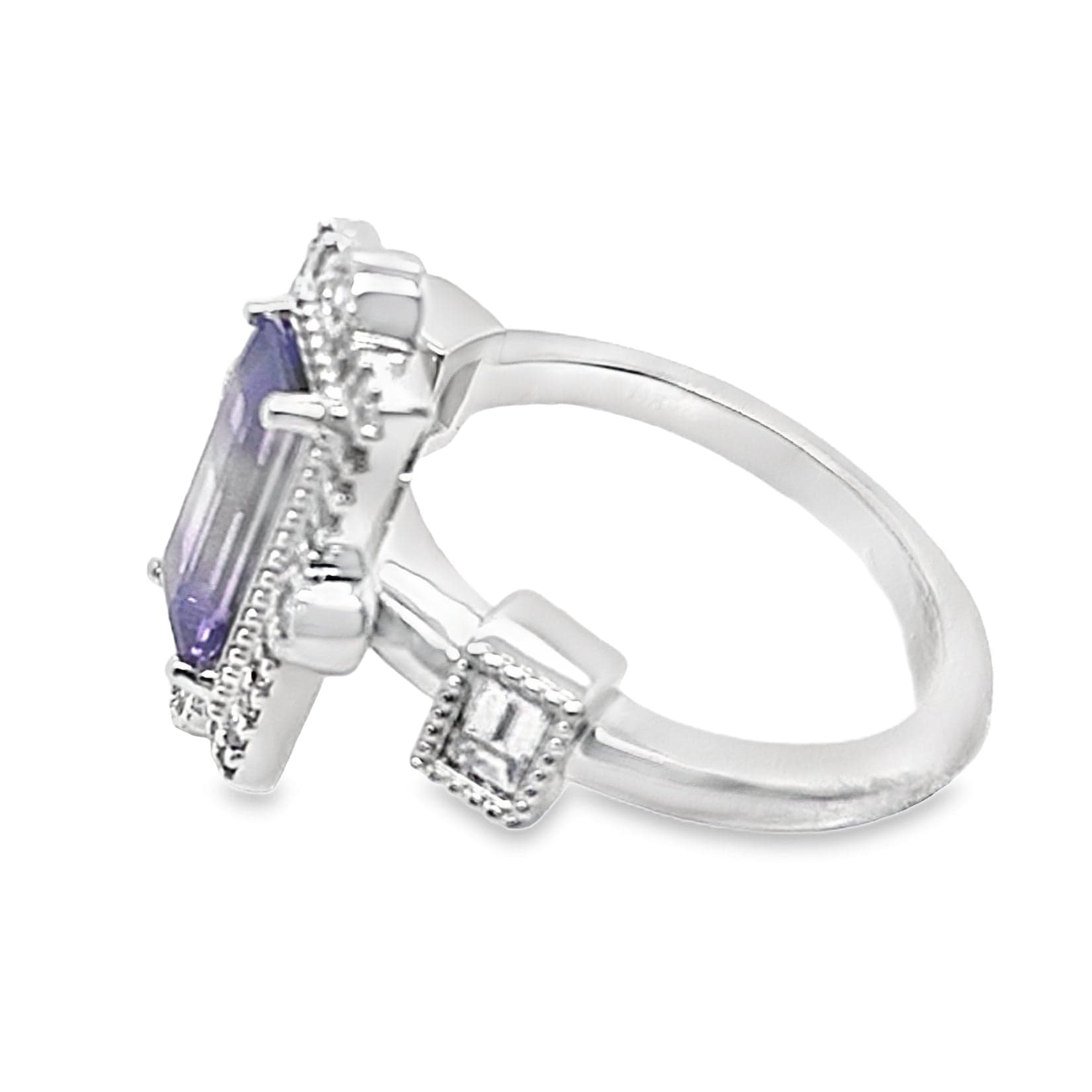 14K WHITE GOLD 1.70CT PURPLE SAPPHIRE CENTER .65 CT TW NATURAL ROUND BRILLIANT DIAMOND ACCENT ART DECO STYLE RING