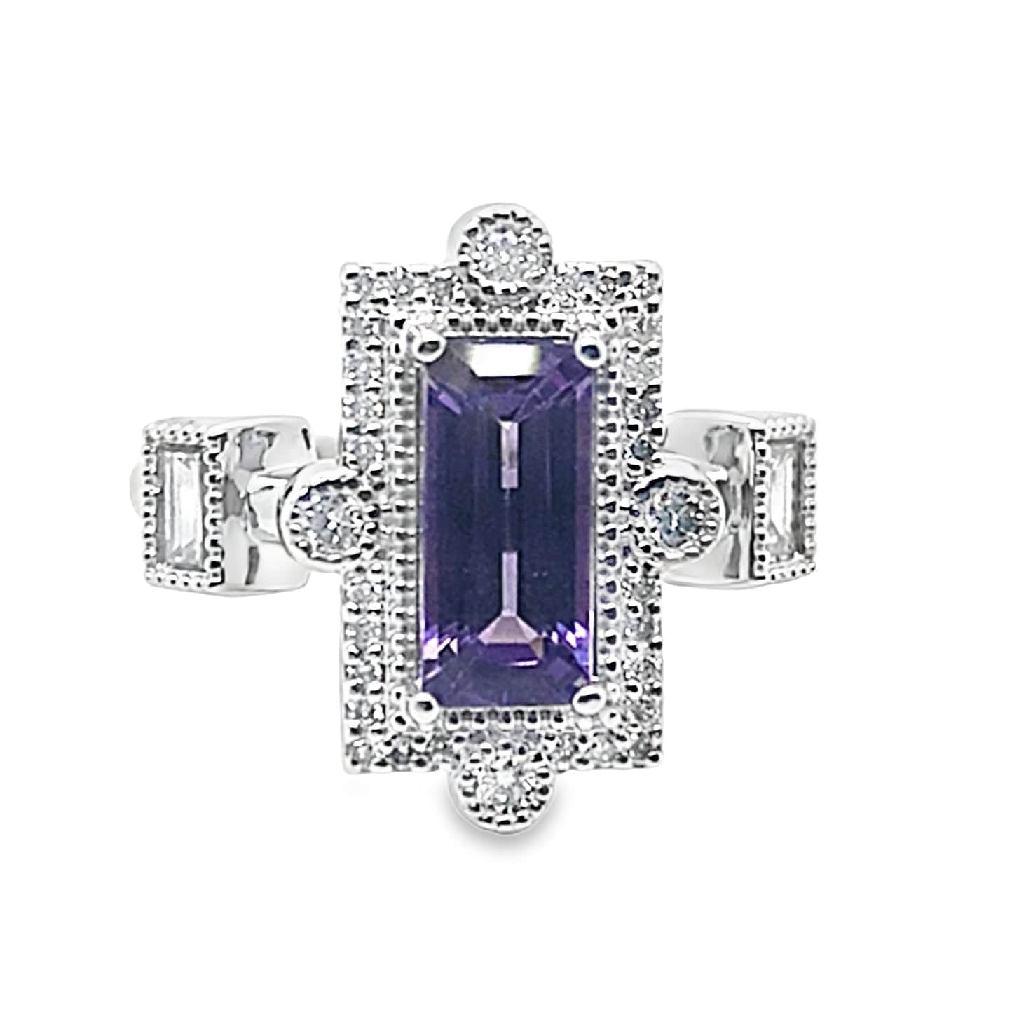 14K WHITE GOLD 1.70CT PURPLE SAPPHIRE CENTER .65 CT TW NATURAL ROUND BRILLIANT DIAMOND ACCENT ART DECO STYLE RING