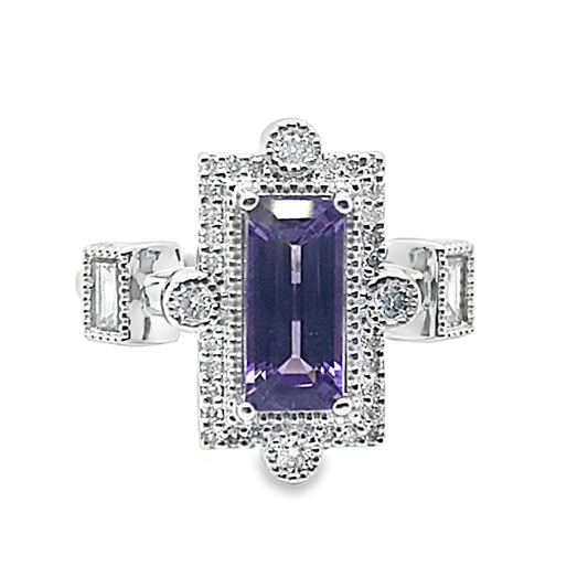 14K WHITE GOLD 1.70CT PURPLE SAPPHIRE CENTER .65 CT TW NATURAL ROUND BRILLIANT DIAMOND ACCENT ART DECO STYLE RING