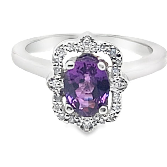 14K WHITE GOLD 1.02 CT NATURAL OVAL PURPLE SAPPHIRE CENTER .20 CT TW NATURAL ROUND BRILLIANT DIAMOND ACCENT ART DECO HALO STYLE RING