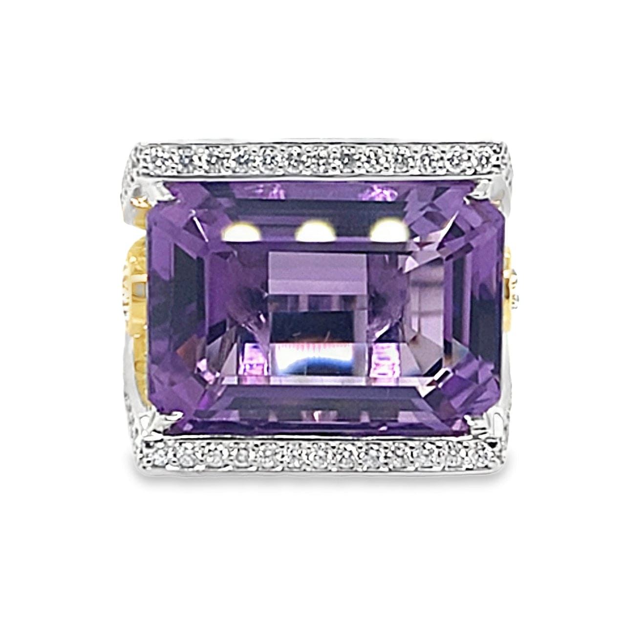 14K WHITE AND YELLOW GOLD 15.65 CT EMERALD CUT AMETHYST CENTER  3.15 CT TW NATURAL ROUND BRILLIANT AND PEAR DIAMOND ACCENT CONTEMPORARY STYLE RING