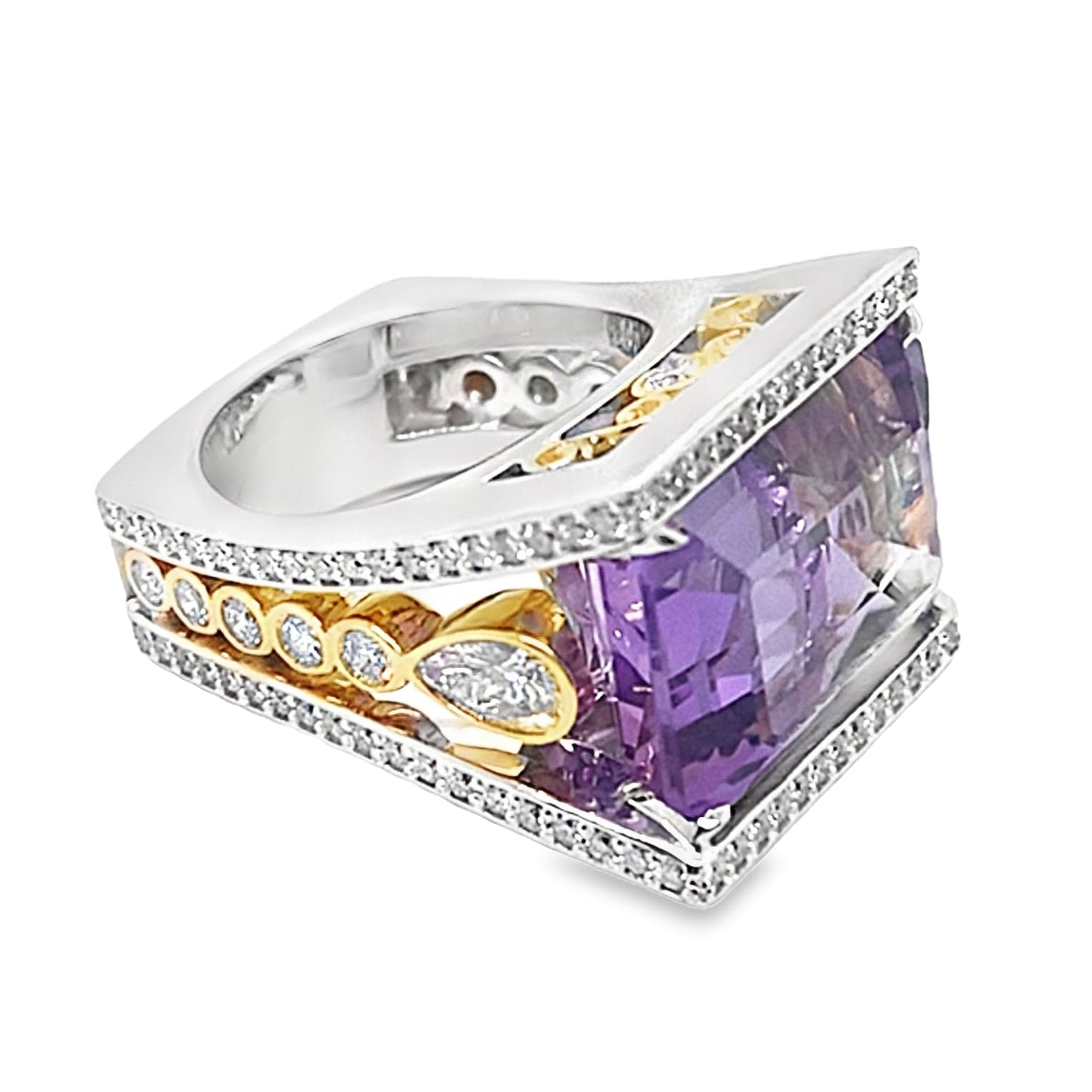 14K WHITE AND YELLOW GOLD 15.65 CT EMERALD CUT AMETHYST CENTER  3.15 CT TW NATURAL ROUND BRILLIANT AND PEAR DIAMOND ACCENT CONTEMPORARY STYLE RING