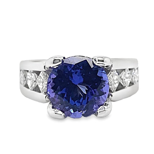 14K WHITE GOLD 2.70 CT ROUND BRILLIANT TANZANITE CENTER AAA QUALITY 1.30 CT TW NATURAL PRINCESS AND ROUND BRILLIANT DIAMOND ACCENT FLOATING STYLE RING
